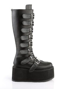 Black Vegan Leather Knee-High Boots with 8 Buckle Straps, Metal Plate Details